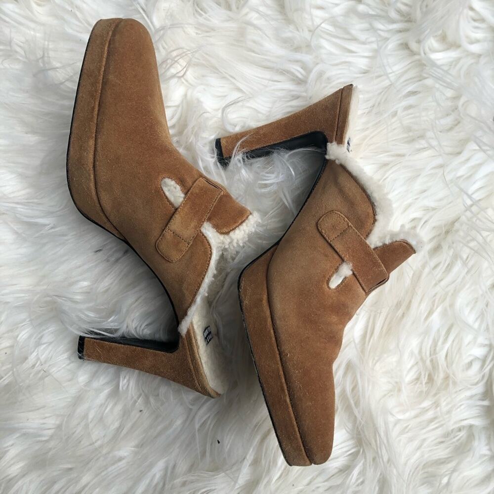 Stuart Weitzman Suede Buckle Fuzzy Platform Heel - image 8